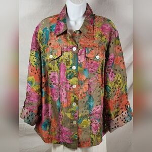 RUBY RD. Orange and Pink Floral Print Button Up Shirt Jacket - Size 18W or 1X